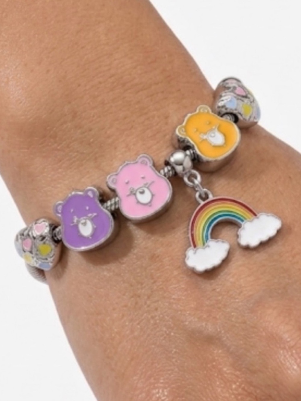 NWT Care Bears Rainbow Enamel Charm Bracelet Silver Snake Chain Pastel
